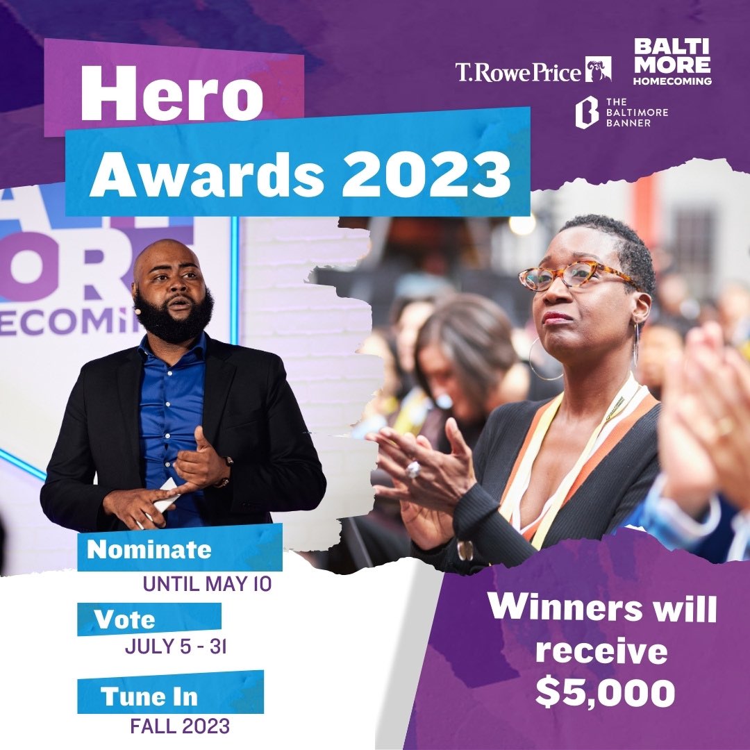 🏆 #HomecomingHeroAwards, sponsored by T. Rowe Price, recognizes people, leaders, and doers - who are making a difference in the Baltimore community. 

Who is your Baltimore hero? We want to know them too! 🦸🦸‍♀️Nominate until May 10 at:

thebaltimorebanner.com/heroes23 🗳️