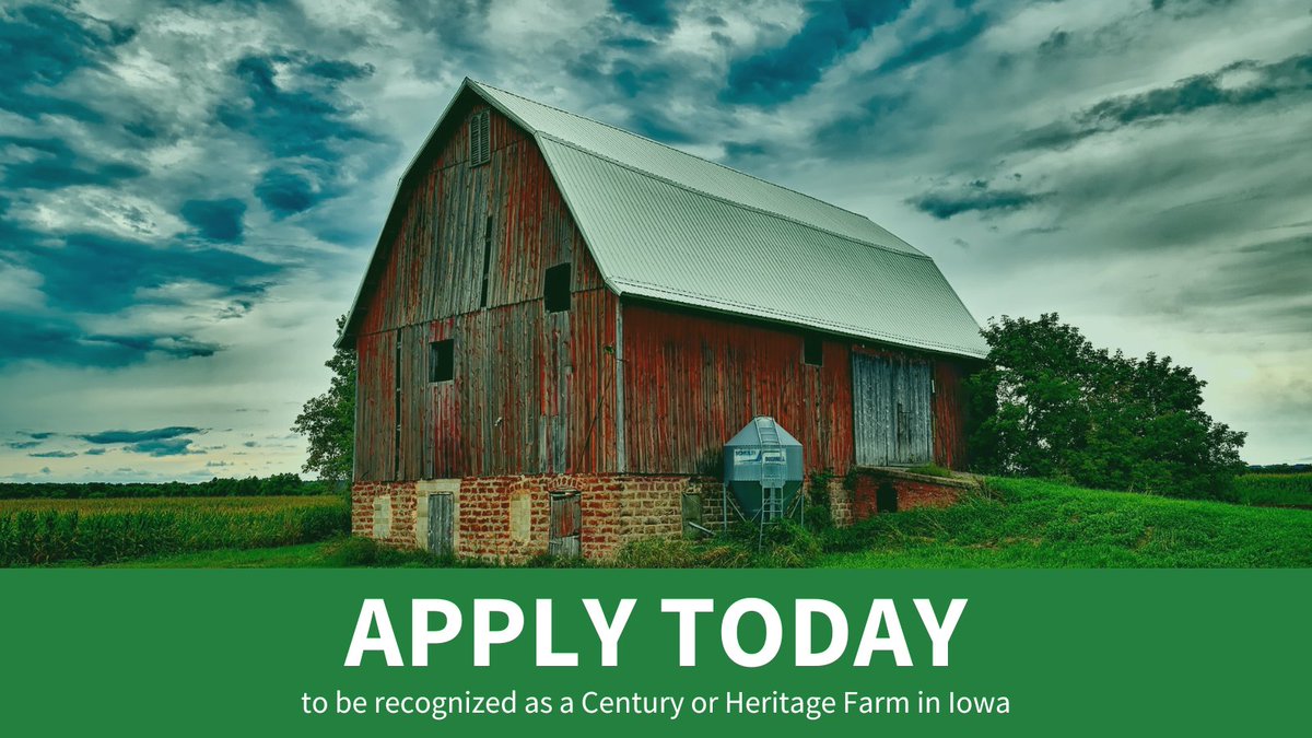 Iowa Dept of Agriculture & Land Stewardship (@IADeptAg) on Twitter photo 2023-03-29 14:44:00 Has your farm been in your family for 100+ years? Apply for the 2023 Century & Heritage Farm Program, created by @IADeptAg & @IowaFarmBureau to honor families who have owned their farms for 100 & 150 yrs, at iowaagriculture.gov/news/secretaryโฆ. Honorees to be recognized at @IowaStateFair. Has your farm been in your family for 100+ years? Apply for the 2023 Century & Heritage Farm Program, created by @IADeptAg & @IowaFarmBureau to honor families who have owned their farms for 100 & 150 yrs, at iowaagriculture.gov/news/secretaryโฆ. Honorees to be recognized at @IowaStateFair.