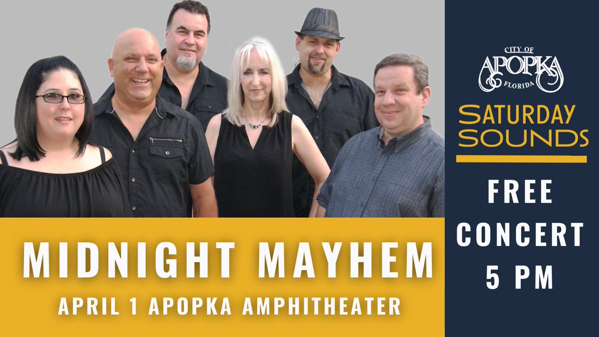 Be sure to join us at Apopka's Saturday Sounds on April 1, 2023 for a free concert at the Apopka Amphitheater from 5 PM to 7 PM with Midnight Mayhem. Visit Apopka.gov/Events for more information! #MidnightMayhem #ApopkaSaturdaySounds #FreeConcert #CityofApopkaFL