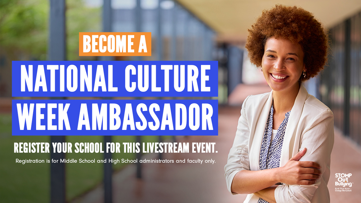 STOMPOutBullyng's tweet image. Attention School Admins! Don't miss #CultureShock, a livestream event on April 25th featuring celebrities &amp;amp; activists challenging middle/high school students to end hate &amp;amp; bullying. Celebrate diversity during National #CultureWeek. Register now: stompoutbullying.org/campaigns/nati…