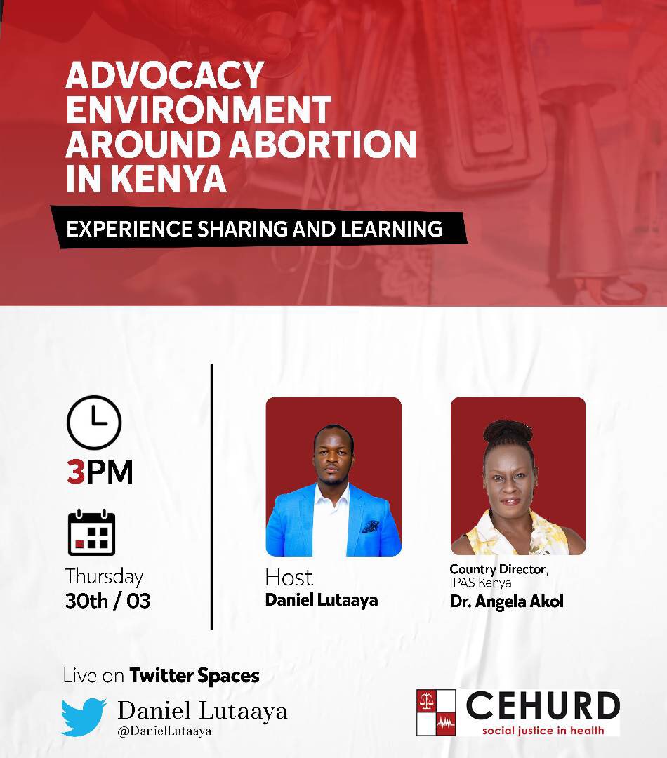 CEHURD Uganda (@cehurduganda) on Twitter photo Don't miss out on our Space hosted by <a href="/DanielLutaaya/">Daniel Lutaaya</a> tomorrow at 15:00EAT as we continue with our #SafeAndLegalCare campaign.
Our speaker is Dr Angela Akol (<a href="/AllianceIpas/">IpasAfricaAlliance</a>) from <a href="/IpasOrg/">Ipas</a>, who will be sharing lessons and efforts in advocating against unsafe abortion in Kenya. Don't miss out on our Space hosted by <a href="/DanielLutaaya/">Daniel Lutaaya</a> tomorrow at 15:00EAT as we continue with our #SafeAndLegalCare campaign.
Our speaker is Dr Angela Akol (<a href="/AllianceIpas/">IpasAfricaAlliance</a>) from <a href="/IpasOrg/">Ipas</a>, who will be sharing lessons and efforts in advocating against unsafe abortion in Kenya.