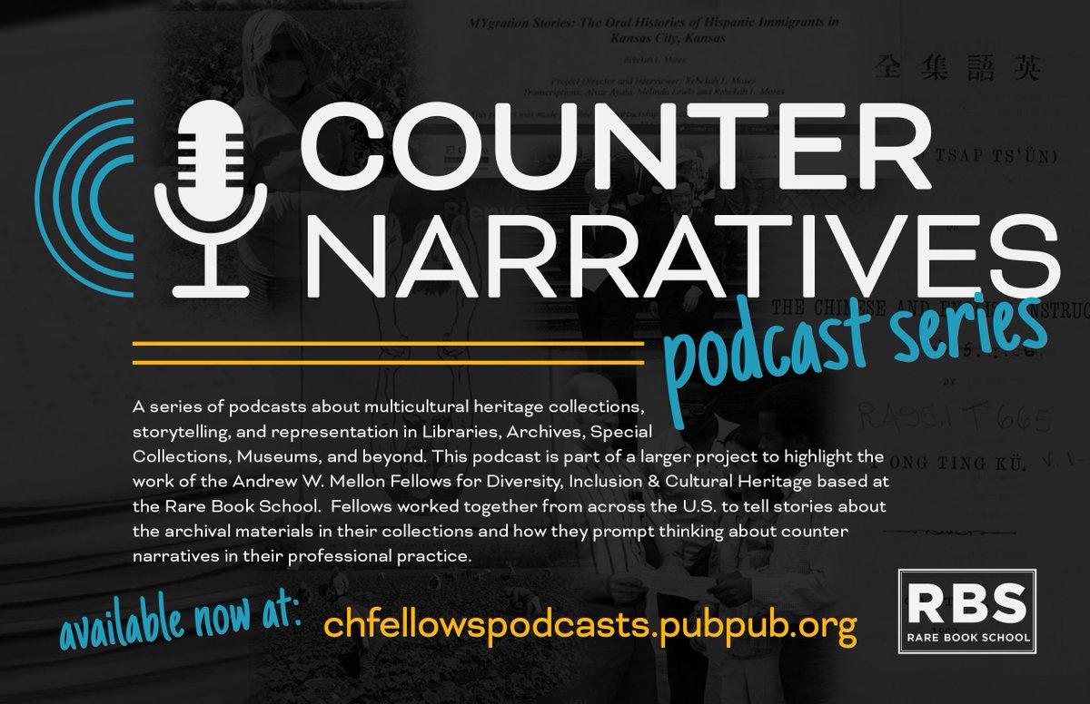 Rare Book School (@rarebookschool) on Twitter photo Today 3/29, our <a href="/MellonFdn/">Mellon Foundation</a> Fellows for Diversity, Inclusion & #CulturalHeritage launched a new #podcast series, Counter Narratives in Practice. Listen & share today! rarebookschool.org/new-fellowship… #specialcollections #archives #twitterstorians #StoriesThatMatter <a href="/book_historia/">Allie Alvis (only on 🦋 now)</a> Today 3/29, our <a href="/MellonFdn/">Mellon Foundation</a> Fellows for Diversity, Inclusion & #CulturalHeritage launched a new #podcast series, Counter Narratives in Practice. Listen & share today! rarebookschool.org/new-fellowship… #specialcollections #archives #twitterstorians #StoriesThatMatter <a href="/book_historia/">Allie Alvis (only on 🦋 now)</a>
