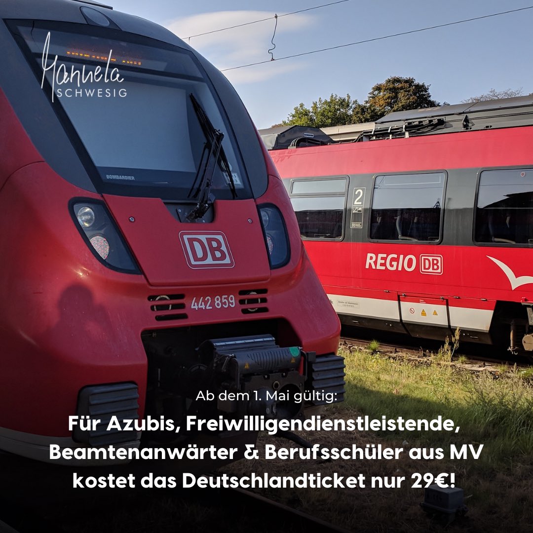 ManuelaSchwesig's tweet photo. Wer Inhaber*in des AzubiTicket
MV ist, kann unkompliziert zum Deutschland-Ticket wechseln. Das Ticket kostet dann nur 29 Euro statt 49 Euro - den Rest übernimmt das Land. 💪
Neukunden können das Ticket ab dem 3. April bestellen. 🚇
https://t.co/eORMKL1hw2 https://t.co/0xmtt1BbZf