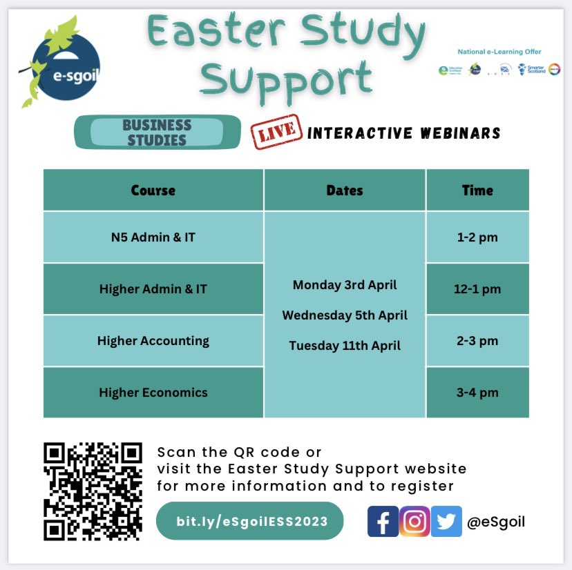 BusEd_Forres's tweet photo. Scan the QR code or visit @eSgoil to find out how to sign up for Easter study support sessions for Nat 5 and Higher Admin &amp; IT! https://t.co/TRyYjHTiHj