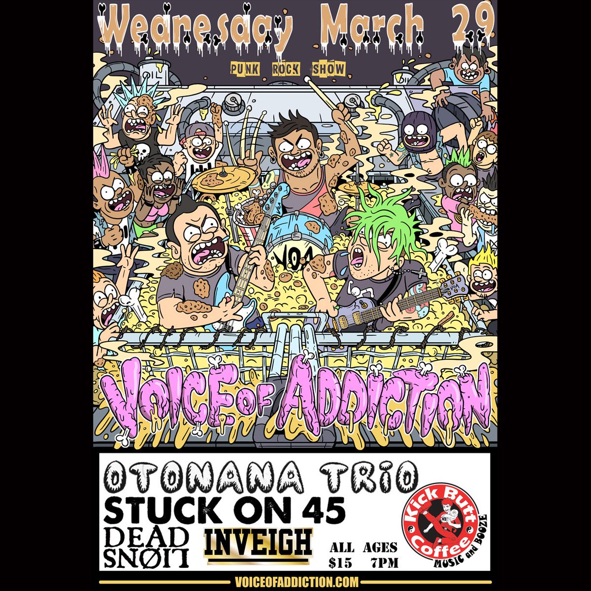 TONIGHT! AUSTIN TX #AllAges @VOArockers (chicago) @OtonanaTrio (japan) @Stuckon45 #DeadLions #Inveigh at @KickButtCoffee facebook.com/events/1378759… #punk #VoiceOfAddiction #Chicagopunk #punkrock #VOA #DIY #FYP #DeepFried #DirtyDive #Tour #DDDfriedtour