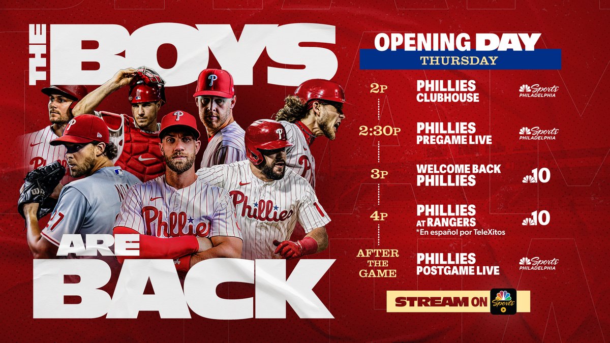 Phillies baseball is BACK tomorrow afternoon and we'll have wall-to-wall coverage of the Fightins down in Texas 😤 Between NBCSP and NBC10, we'll have 6+ hours of coverage of the Phils' first outing of the 2023 MLB season! We 👏 Can't 👏 Wait 👏
