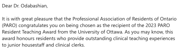 I just found out that I won the 2023 PARO Resident Teaching Award from the University of Ottawa! I'm beyond excited and grateful for this recognition. I am grateful for the opportunity to contribute to the development of medical students 
#teaching #PARO #UniversityofOttawa