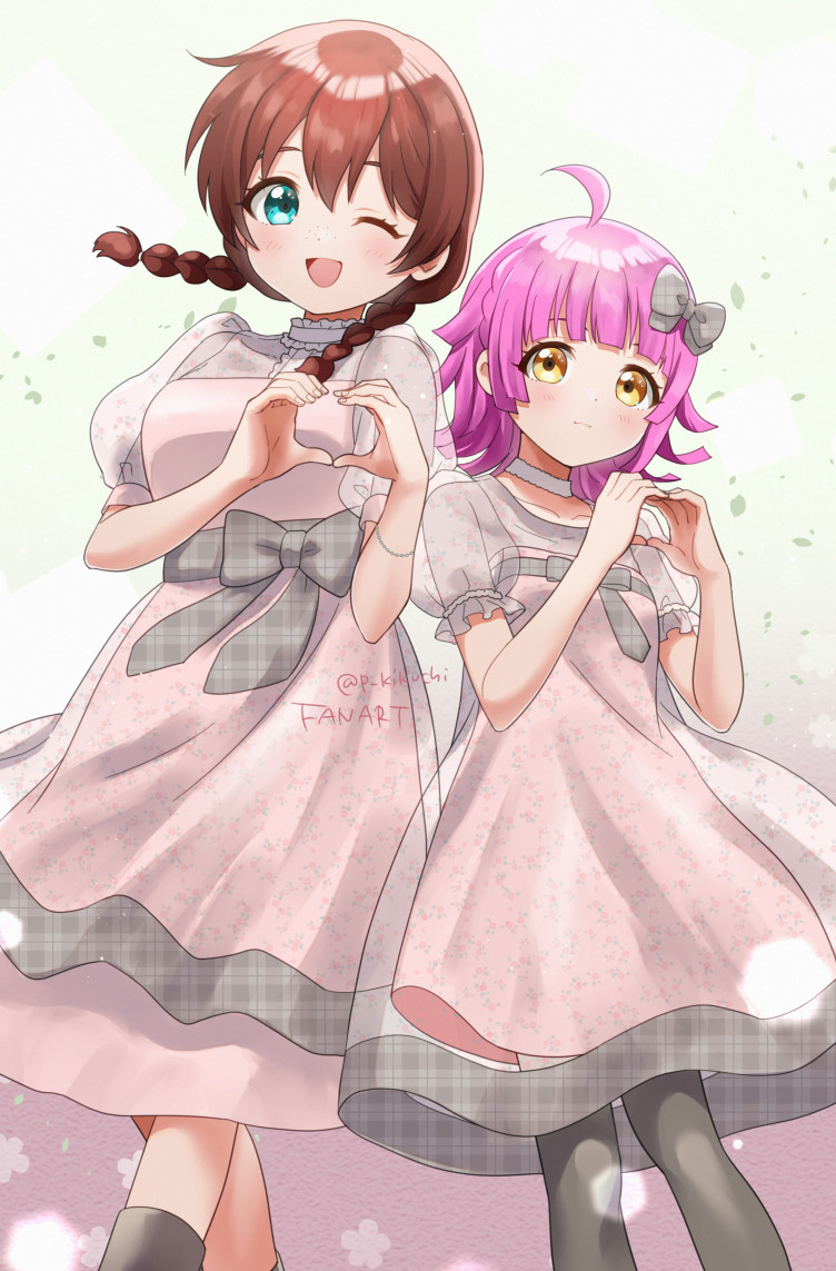 tennouji rina multiple girls 2girls twin braids braid dress yellow eyes pink hair  illustration images