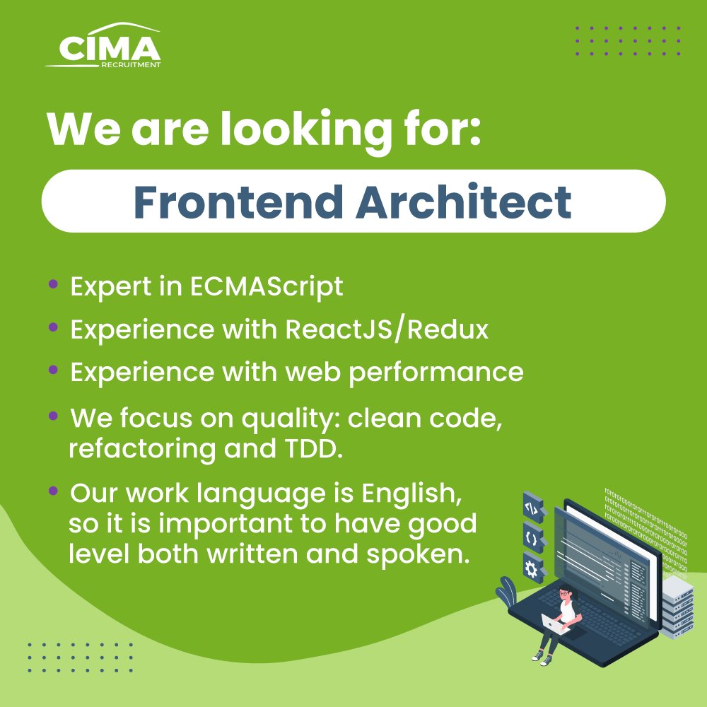 CimaRecruitment's tweet image. One of our clients, a leading global sports technology company creating immersive experiences for sports fans and bettors, is looking for a #FrontendArchitect to join their team!
ℹ️ Information: contacto@cima-recruitment.com or Link in bio
#webdevelopment #frontenddevelopment