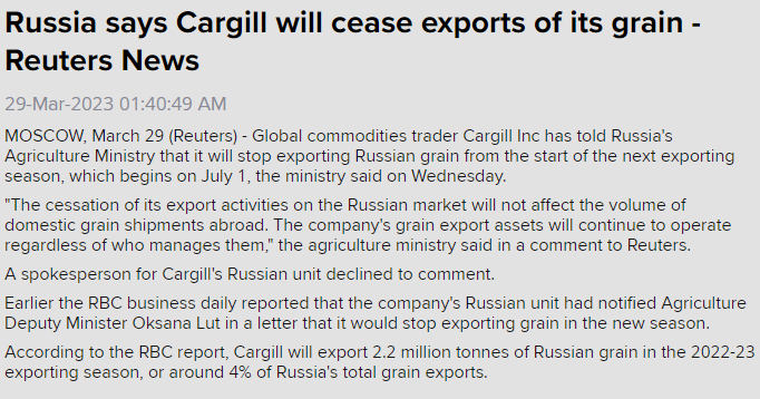 kannbwx's tweet photo. 🇷🇺Global traders Cargill and Viterra plan to stop exporting grain from #Russia. Cargill reportedly handles around 4% of Russia's annual grain exports, but its exit is planned for July 1, when the 2023/24 season begins. Viterra is among the largest exporters of Russian #wheat. https://t.co/ZeChkCWoOu