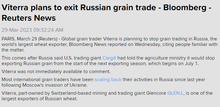 kannbwx's tweet photo. 🇷🇺Global traders Cargill and Viterra plan to stop exporting grain from #Russia. Cargill reportedly handles around 4% of Russia's annual grain exports, but its exit is planned for July 1, when the 2023/24 season begins. Viterra is among the largest exporters of Russian #wheat. https://t.co/ZeChkCWoOu