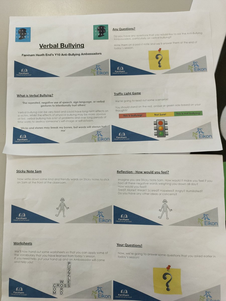 Super proud of our <a href="/FHESAntiBully/">FHES | Anti-Bullying Ambassadors</a> ambassadors delivery of verbal bullying lessons at <a href="/WCPSFarnham/">William Cobbett Primary School</a>  to years 4 &amp; 6.
Great mix of activities to engage children with Sticky Note Sam, traffic light scenarios words &amp; reflection. <a href="/AntiBullyingPro/">Anti-Bullying Pro (from charity The Diana Award)</a> <a href="/EikonCharity/">The Eikon Charity</a> <a href="/TeamFHES/">TeamFHES</a>
