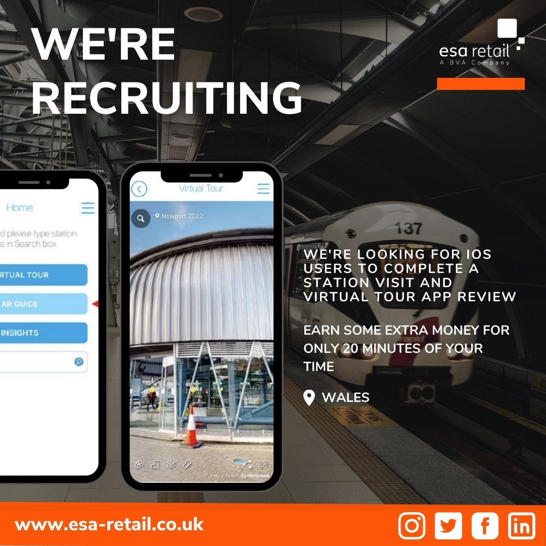 We are recruiting for IOS users to complete a station visit and virtual tour app test review and earn extra money!

🚆No train journey required - station and app review only
📱 Test out a brand new app
⏱ Quick 10 minute survey

#NorthWalesJobs #walesjobs #mysteryshopping