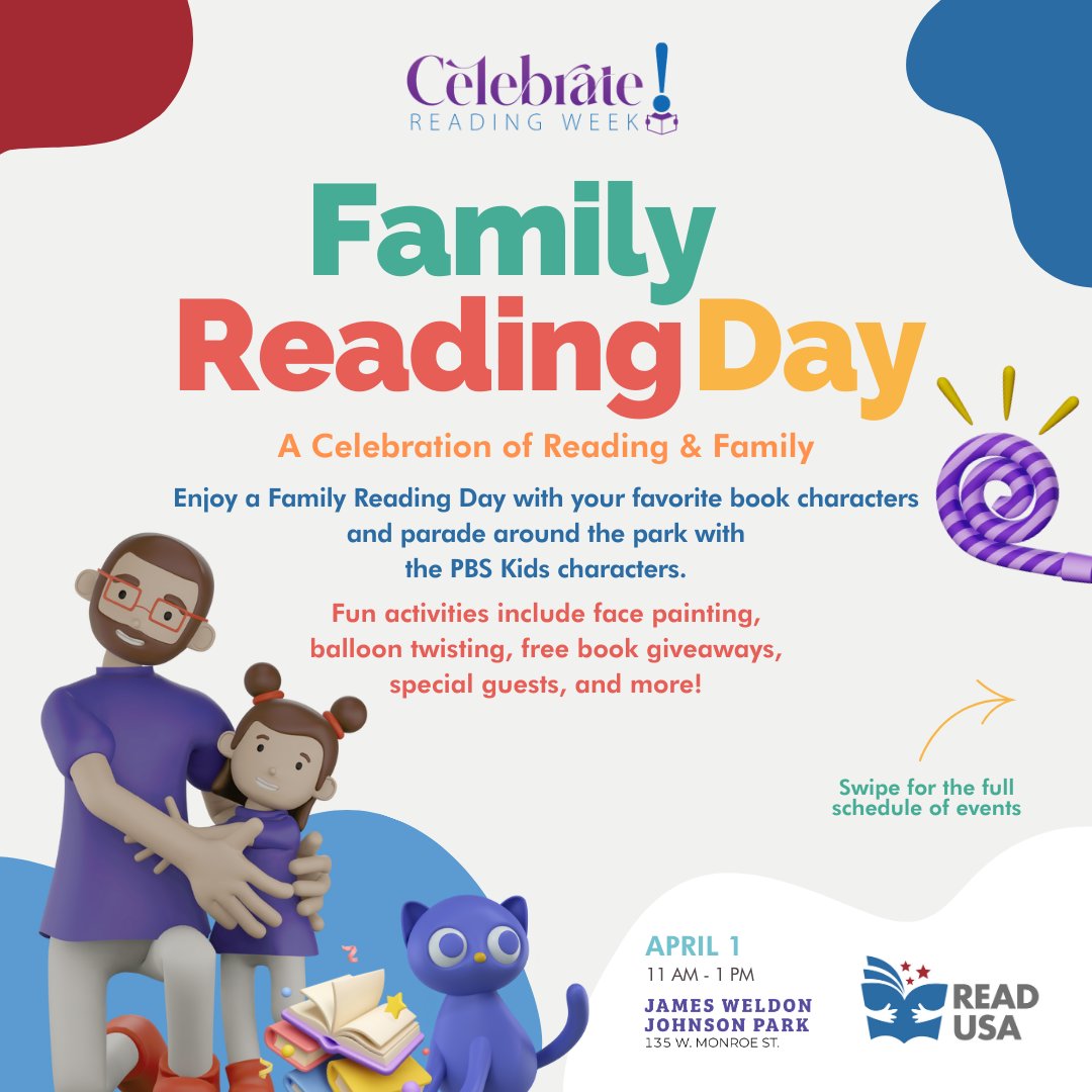 read_usa's tweet photo. Get ready to have a blast in a celebration of reading and family!
Drop Everything, and join us at Downtown Jax on April 1 for the Family Reading Day with free #book giveaways &amp; fun activities.
Get the schedule of events by scanning the QR code.
#READUSA #CelebrateReadingWeek https://t.co/cwTFWU9JRY