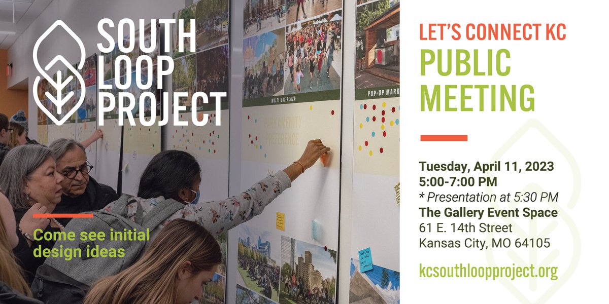 🔁You shared, we listened! Come view initial design concepts for the South Loop Project based on public feedback. Join us in person from 5-7 pm on Tuesday, April 11 at The Gallery. Formal presentation at 5:30 pm. kcsouthloopproject.org #southloopproject #southloopkc