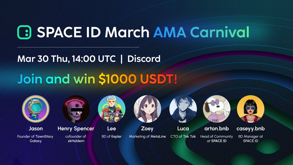 spaceidprotocol's tweet photo. The #SPACEID March AMA Carnival arrives! Let’s discover the Possibilities in #Arbitrum.

Welcome our dream guest lineup: @townstorygamefi, @zkHoldem, @KeplerHomes, @Metaline001, @TokToksocialfi.

Tune in on Discord &amp; share 1000 $USDT.

Event: https://t.co/udXCOOXrrV
3/30 2PM UTC https://t.co/9qGKACkUhf