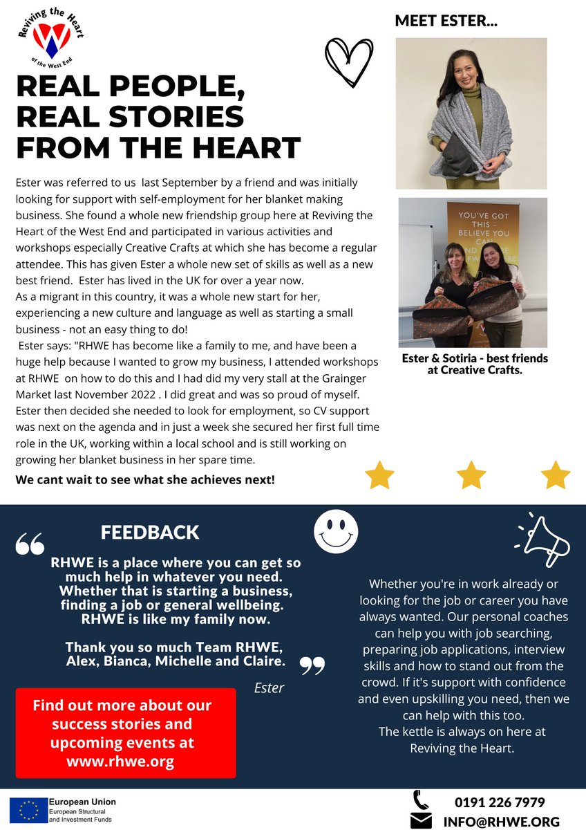 RHWE_Enterprise's tweet photo. We have another good news story to share today - our favourite kind of story. Today we are focusing on lovely Ester who we are immensely proud of. Supporting people into employment and/or self-employment is what we do best here at Reviving the heart. https://t.co/oaOj6CRy6L 😍 https://t.co/SmBGJDkaLm