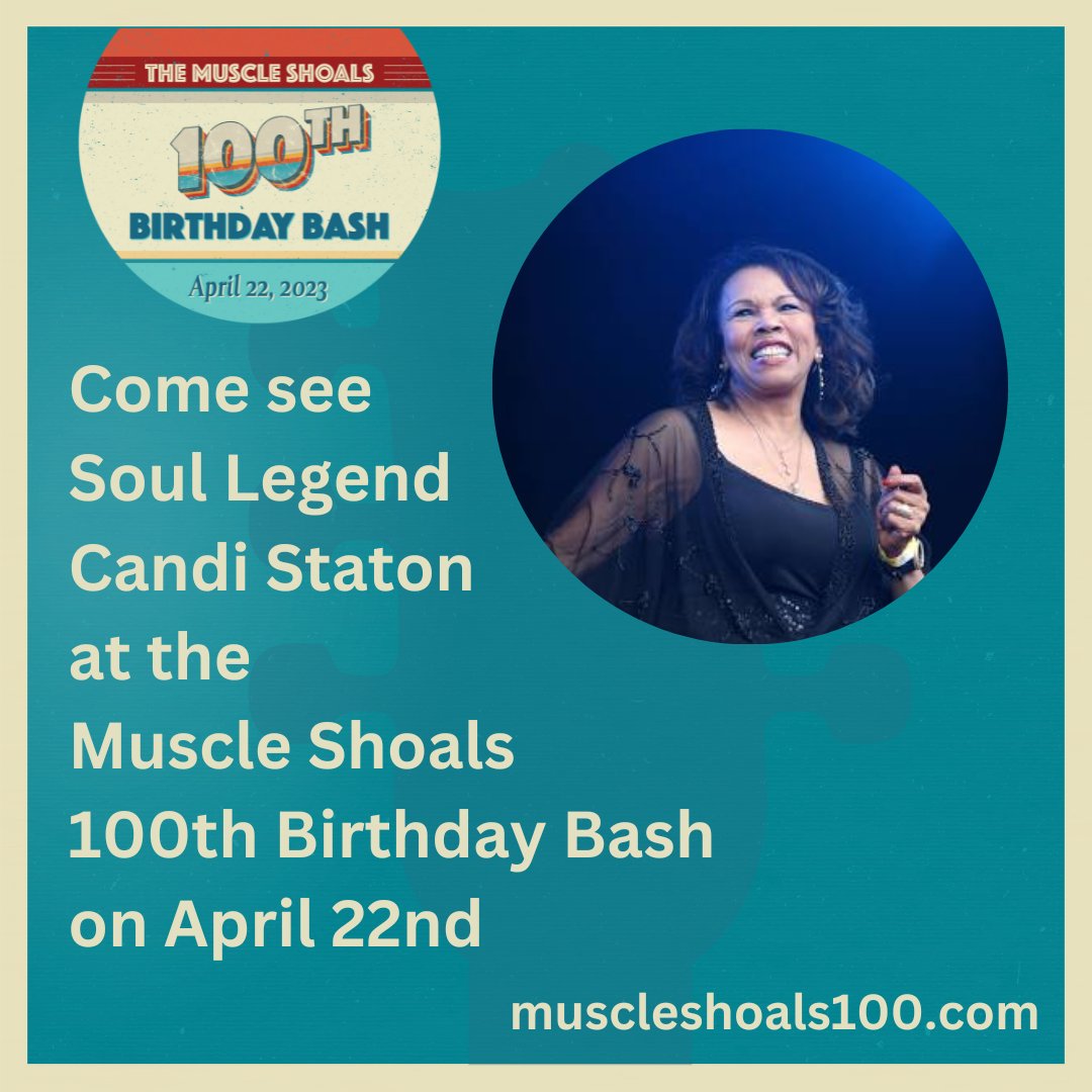 Fame_Music's tweet photo. 🚨🎶ATTN Music Lovers! Candi Staton is performing at #MuscleShoals100th Bday
Bash on April 22, 2023! 🎉Celebrate a century of amazing music w/ Kip Moore, Sara Evans, The Blind Boys of Alabama & more! 🎤🎸Don't miss out! 🎂🥳Find out more at➡https://t.co/SIyW96qHB2
#MSRocking100 https://t.co/yBtfUMynuD