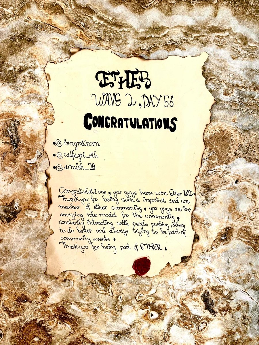Mithu 🗝️ (@nftdiscoverer) on Twitter photo Wave 2 Day 56
Congratulations fams for winning your <a href="/ether/">ETHER</a> WL.
Very well deserved, and made this hand made artwork as a token of appreciation. 💯
<a href="/ivngmkrcvn/">Bendahpepper</a>
<a href="/calfagri_eth/">calfagri.eth</a>
@armish_20
<a href="/visionofviii/">V</a> <a href="/CValley_/">CV</a> Wave 2 Day 56
Congratulations fams for winning your <a href="/ether/">ETHER</a> WL.
Very well deserved, and made this hand made artwork as a token of appreciation. 💯
<a href="/ivngmkrcvn/">Bendahpepper</a>
<a href="/calfagri_eth/">calfagri.eth</a>
@armish_20
<a href="/visionofviii/">V</a> <a href="/CValley_/">CV</a>