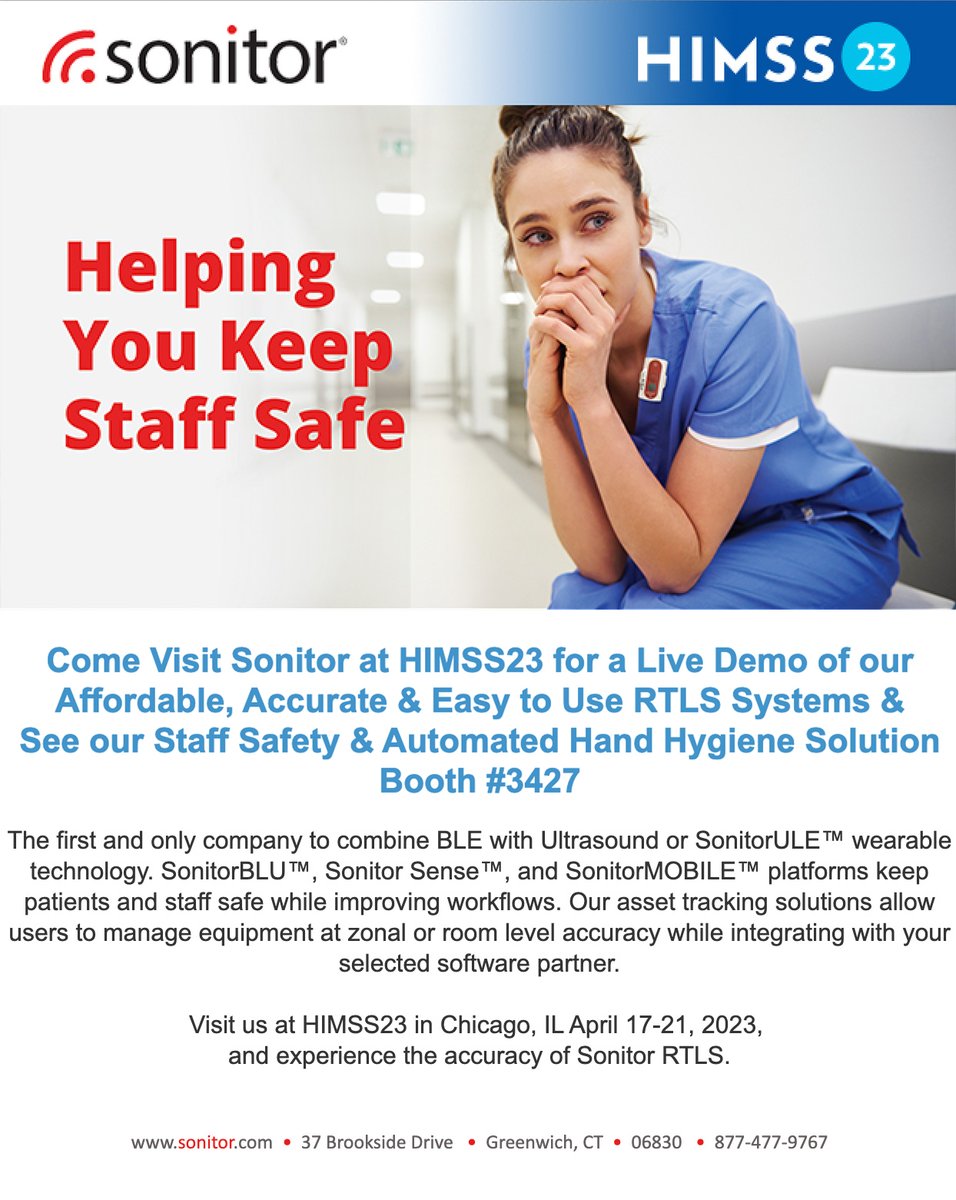 Come visit our expanded leadership team at HIMSS, Booth 3427 and learn more about SonitorBLU™, Sonitor Sense™, and SonitorMOBILE™  lnkd.in/dVkQJyjc #HIMSS23 #rtls #staffsafety #handhygiene #healthcareinnovation