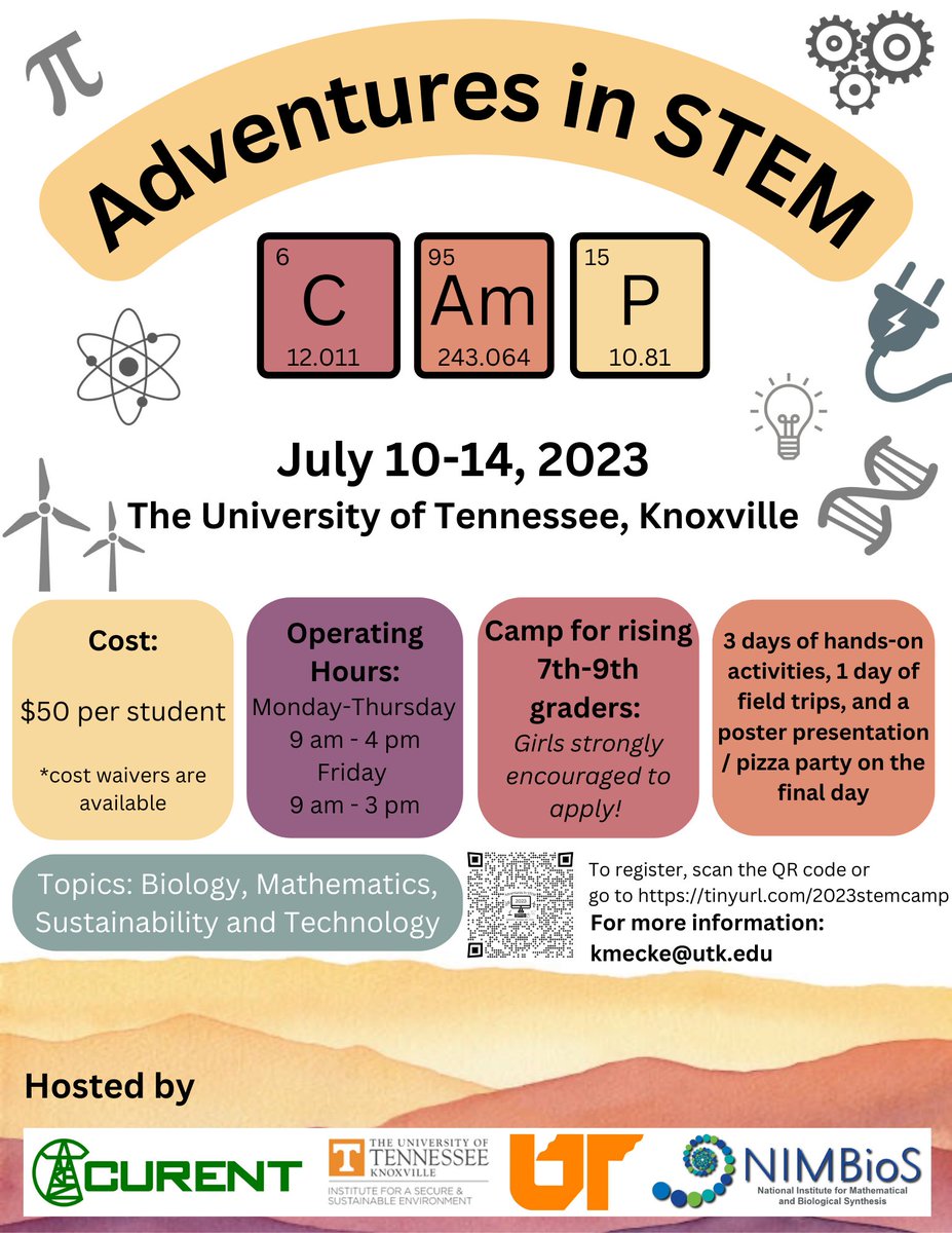 NIMBioS (@nimbios) on Twitter photo Registration is open for Adventures in STEM camp at the University of Tennessee, a camp designed for upcoming 7th-9th graders to encourage interest in #sustainability, #technology, #math, and #science. Girls are strongly encouraged to apply!
<a href="/UTKnoxville/">UT Knoxville</a> <a href="/ArtsSciencesUT/">UT Arts & Sciences</a> Registration is open for Adventures in STEM camp at the University of Tennessee, a camp designed for upcoming 7th-9th graders to encourage interest in #sustainability, #technology, #math, and #science. Girls are strongly encouraged to apply!
<a href="/UTKnoxville/">UT Knoxville</a> <a href="/ArtsSciencesUT/">UT Arts & Sciences</a>
