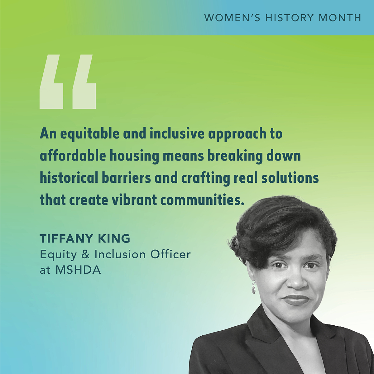 MSHDA's tweet photo. Tiffany King, Equity and Inclusion Officer at MSHDA, is one of the many female leaders across Michigan working to break past barriers and make housing more attainable for all Michiganders. https://t.co/orLpJubAoi