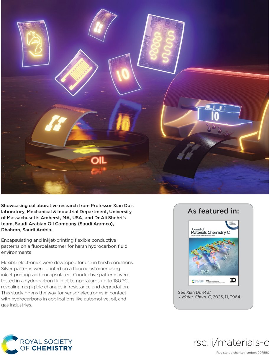 JMaterChem's tweet photo. Don't miss @JMaterChem C's issue 11 back cover:

Encapsulating and inkjet-printing flexible conductive patterns on a fluoroelastomer for harsh hydrocarbon fluid environments by Xian Du et al.

🔗 https://t.co/SmuuOrunms https://t.co/46TjKIT0ll