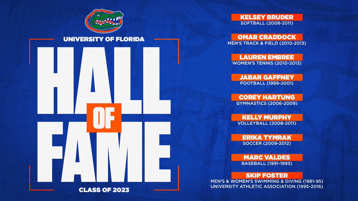 FloridaGators's tweet photo. Congratulations to our newest Hall of Fame class🐊

Excited to celebrate &amp; have your names etched in Gator history forever 🧡💙

🗞 https://t.co/AtpMGskXpG
#GoGators https://t.co/VHCtQp6fn6