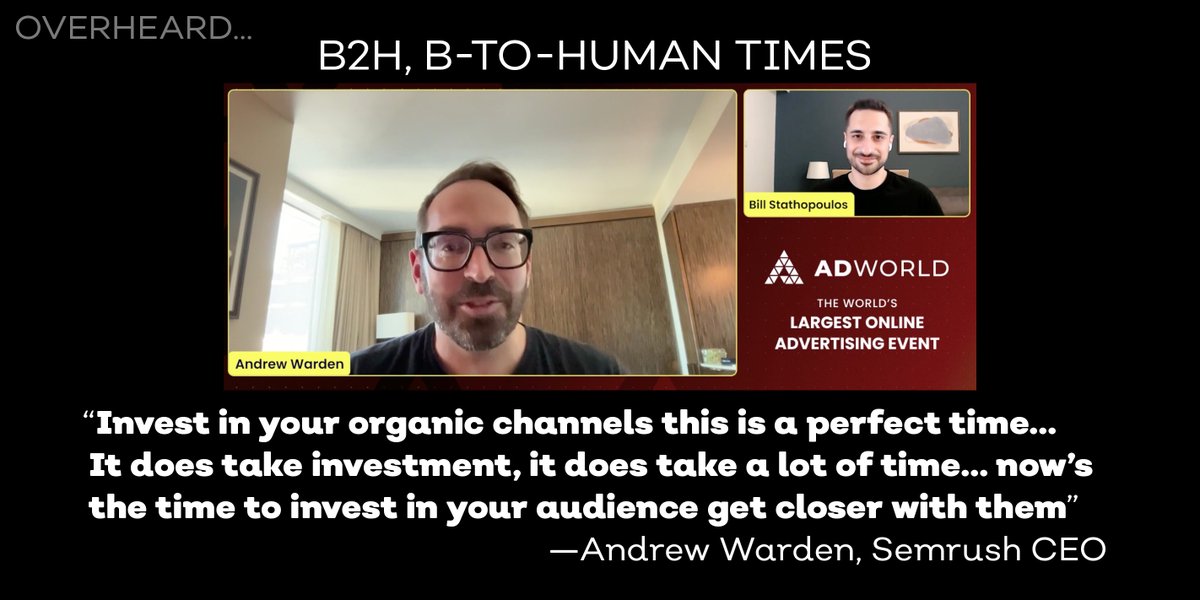 sigcomm's tweet image. “Invest in your organic channels, this is a perfect time… It does take investment, it does take a lot of time… invest in your audience—get closer with them” —Andrew Warden @semrush  CEO talking about lifestyle campaign strategy w/@billstathi  ✨ @AdWorldOfficial  #Marketing