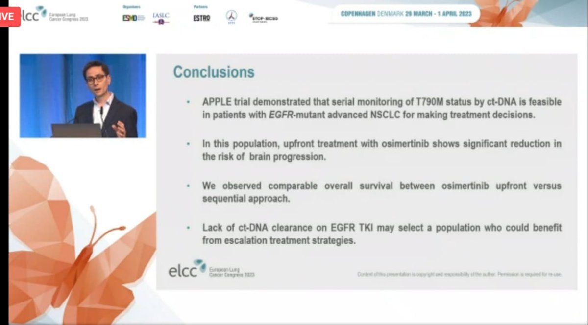 SuyogCancer's tweet photo. Upfront Osimertinib vs geftinib followed by Osimertinib . APPLE trial . SAME OS. Better brain pfs for upfront osi.CtDNA to pick up progression earlier than radiological imaging.  @myESMO #ELCC23 @JackWestMD @PatelOncology @StephenVLiu @n8pennell  @DrSteveMartin @ADesaiMD https://t.co/lvle5hZmvB