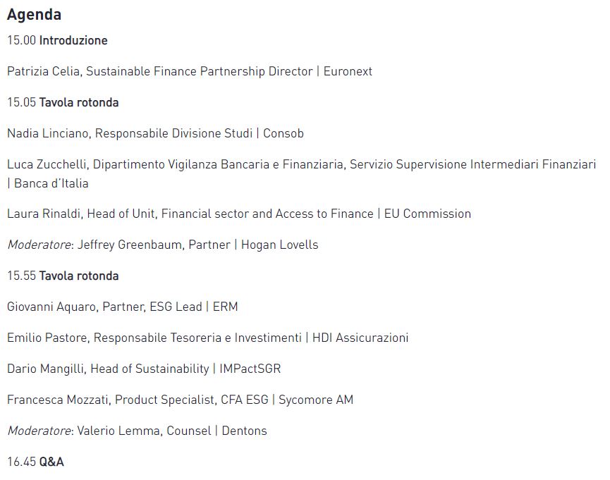<a href="/SriEvent/">Sri Event</a> @BorsaItalianaIT <a href="/ChCaprioli/">Chiara Caprioli</a> <a href="/fmici/">flavia micilotta</a> <a href="/mgsammatrice/">M. Giovanna Sammatrice</a> <a href="/Silvia_Pavoni/">Silvia Pavoni</a> <a href="/marghegagliardi/">Margherita Gagliardi</a> <a href="/AldoBonati/">Aldo Bonati</a> <a href="/bancaditalia/">Banca d'Italia</a> <a href="/UfficioStampaBI/">Ufficio Stampa della Banca d'Italia</a> <a href="/euronext/">Euronext</a> <a href="/GruppoCDP/">Cassa Depositi e Prestiti</a> <a href="/EU_Commission/">European Commission</a> <a href="/Eurosif/">Eurosif</a> <a href="/ESMAComms/">ESMA - EU Securities Markets Regulator 🇪🇺</a> <a href="/ecb/">European Central Bank</a> @FC4SNetwork <a href="/andytuit/">Andrea Di Turi #FacetheClimateEmergency</a> <a href="/TNFD_/">TNFD</a> <a href="/mremae/">Elizabeth M. Mrema</a> <a href="/davidwicraig/">David Craig</a> <a href="/aleviscovi/">Alessandra Viscovi</a> <a href="/pastore_emilio/">Emilio Pastore</a> <a href="/RobertoRandazz4/">Roberto Randazzo</a> <a href="/S_Maria_Pia/">Maria Pia Sacco, Ph.D.</a> <a href="/mariocalderini/">Mario Calderini</a> <a href="/Tiresia_Polimi/">TIRESIA</a> <a href="/CottinoImpact/">Cottino Social Impact Campus</a> <a href="/SocialValueIT/">Social Value Italia</a> <a href="/GlobalERM/">ERM Global</a> @SustInsti @MstarSSilano <a href="/IntontiMari/">Marinetta Intonti</a> <a href="/DanielaCarosio/">Daniela Carosio</a> si è tenuto oggi il primo dei webinar che @BorsaItalianaIT dedicherà nel corso del 2023 alla #finanzasostenibile 

#SriAgenda #29marzo 

- - - 
#SriEvent10Y <a href="/SriEvent/">Sri Event</a> 
x.com/SriEvent_It/st…