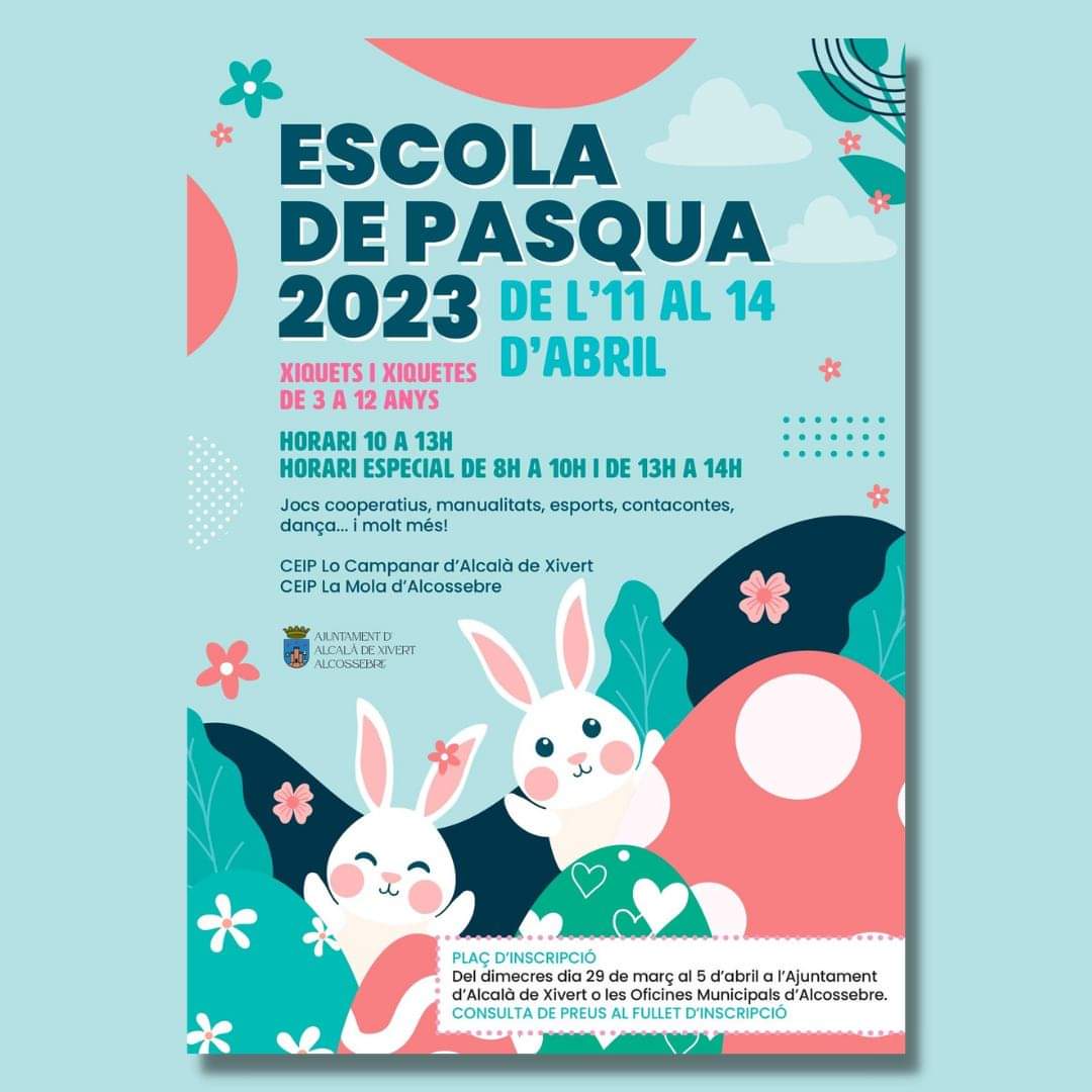 alcossebre_tur's tweet image. ESCOLA DE PASQUA - Iniciativa para favorecer la conciliación familiar durante las vacaciones de Pascua 🤝🤳 Inscripciones del miércoles 29 de marzo al miércoles 5 de abril en el Ayuntamiento de Alcalà de Xivert y Oficinas Municipales de Alcossebre.