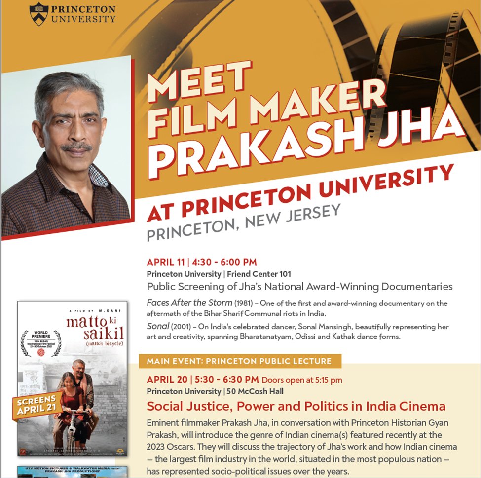 1/n-Meet Filmmaker Prakash Jha in New Jersey talking on Social Justice,Power,&amp;Politics in Indian Cinema <a href="/Princeton/">Princeton University</a> University(April 11-28,2023) Artist-In-Residence@PrincetonCGI.See full program prakashjha2023.princeton.edu
<a href="/PrincetonPubLec/">Public Lectures </a> <a href="/PrincetonHum/">PrincetonHumanities</a> <a href="/PrincetonPIIRS/">PIIRS</a> <a href="/PJP_Online/">PrakashJhaProduction</a>