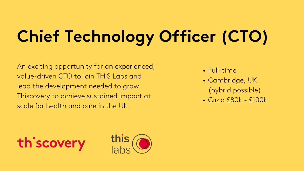 We’re hiring a CTO to join the team at THIS Labs and play a key strategic role in the growth of the Thiscovery platform, while expanding its impact in health and care. 

We offer an excellent package of benefits designed around our values. 

Apply now 👉thiscovery.org/vacancies/chie…