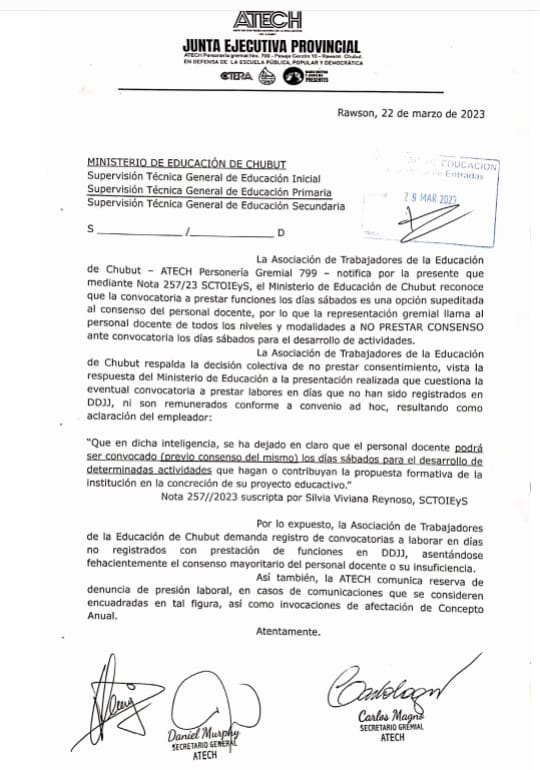 AtechRegSur's tweet photo. #AtechSur| Información
📣Junta Ejecutiva Provincial informa:
Dada la respuesta del ME, estableciendo el carácter opcional y supeditado a consenso del personal docente, ATECH convoca a rechazar todo planteo de labor en día sábado, registrando el mismo. https://t.co/wuv8wze48c