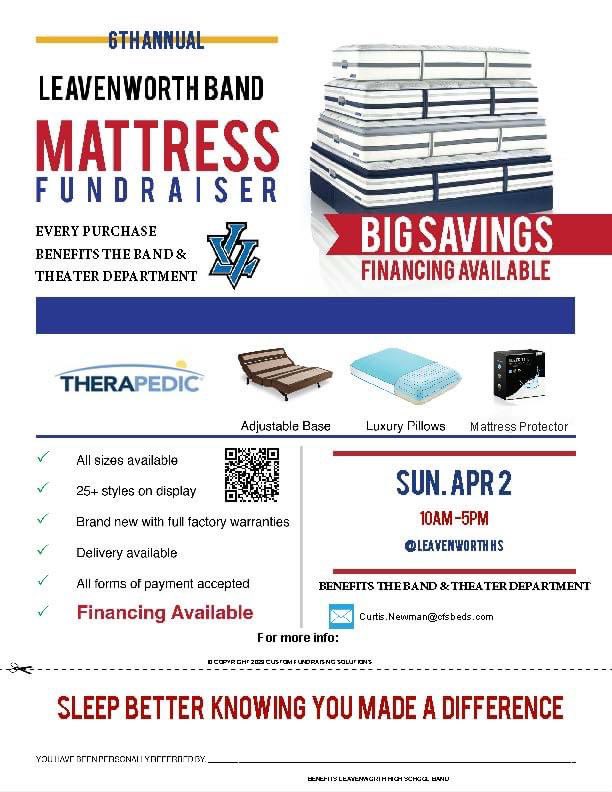 If you are in the hunt for a new mattress come check out the Annual Mattress Fundraiser!  Every purchase helps our band and theatre programs! <a href="/PeteTweets453/">Leavenworth USD 453</a> <a href="/LVJamesV/">James Vanek</a> <a href="/LVPioneers/">Leavenworth Athletics</a> <a href="/mikekoontzLVAD/">Michael Koontz</a>