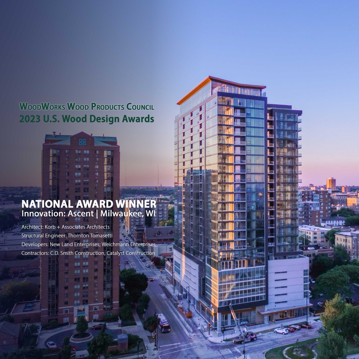 🎉Ascent MKE won a national award in the category of INNOVATION | @WoodWorksUS 2023 U.S. Wood Design Awards: cdsmith.com/ascent#news.

#wisconsin #milwaukee #masstimber #construction