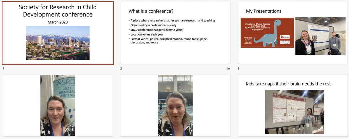 proflaurenmyers's tweet image. Happy to be back in class today after a week away for #SRCD23! I&apos;m spending 10ish min at the top of class showing my undergrad students what a conference is and what I learned there. I took pictures &amp;amp; videos during the conference to show - to demystify the #HiddenCurriculum