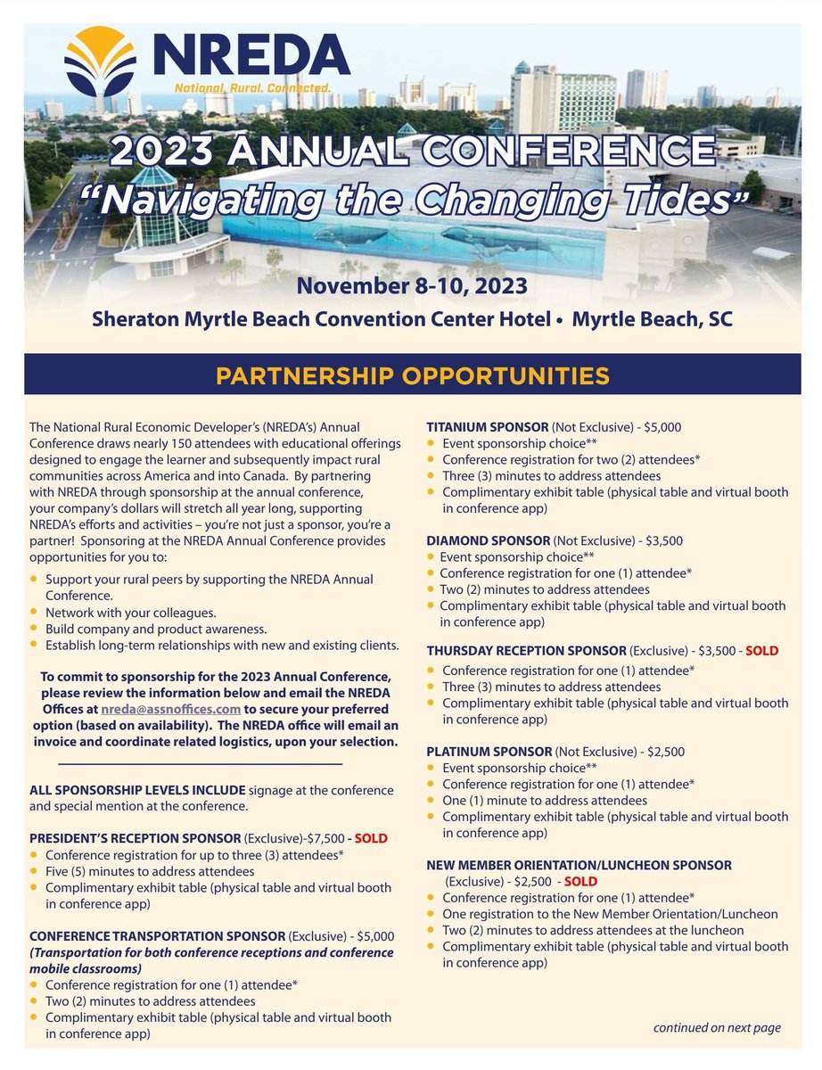 NREDAnews's tweet photo. Interested in sponsoring the #NREDA 2023 Annual Conference? It will be held at Sheraton Myrtle Beach Convention Center Hotel in Myrtle Beach, SC on Nov. 8-10! There are many Sponsorship Levels available, learn more: https://t.co/S0QFveZXkO
#NREDATakesMB #EconomicDevelopment https://t.co/g5DcQvy26r