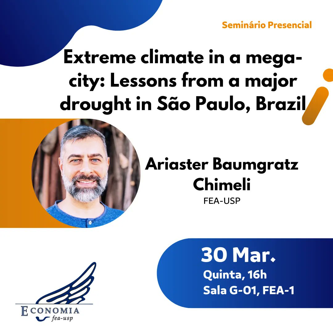 USP Economia (@economiausp) on Twitter photo Iniciaremos os seminários acadêmicos de 2023 recebendo nosso professor <a href="/AriasterChimeli/">Ariaster Chimeli</a> !
💧 Extreme climate in a mega-city: Lessons from a major drought in São Paulo, Brazil
⏰ 30/03 - 16h
📍 Sala G-1 do FEA-1 - Seminário presencial!! Iniciaremos os seminários acadêmicos de 2023 recebendo nosso professor <a href="/AriasterChimeli/">Ariaster Chimeli</a> !
💧 Extreme climate in a mega-city: Lessons from a major drought in São Paulo, Brazil
⏰ 30/03 - 16h
📍 Sala G-1 do FEA-1 - Seminário presencial!!