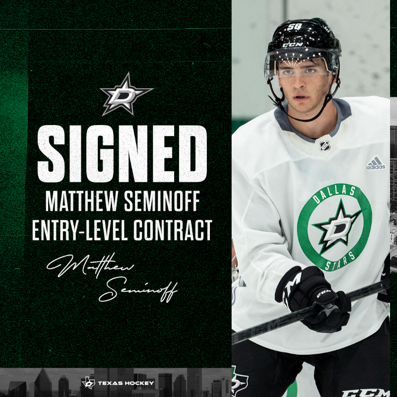 DallasStars's tweet photo. Kamloops ➡️ Dallas ✍️

We have signed Matthew Seminoff to at three-year entry-level contract!