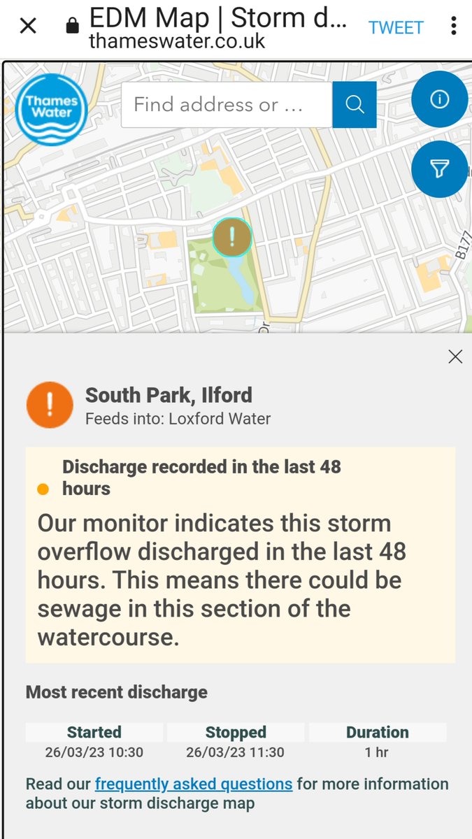 The sewer overflows to Ilford's South Park Lake turn the water murky, 65 in 2021. 
It's a small body of water, in a public park. The spills have breached the threshold for action.
Formally complain to Thames Water & make them tell you what their plans are:
londonwaterkeeper.org.uk/formal-complai…