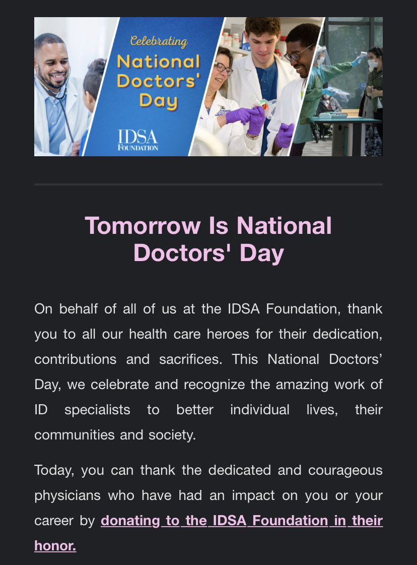 If you want to honor an ID doctor, please use your voice to advocate for systems change to adequately value our work.  The status quo is not sustainable.
