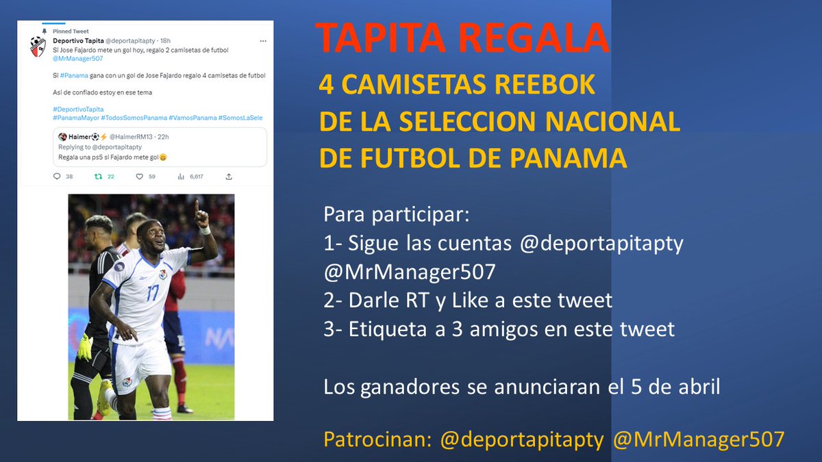 Regresa #TapitaRegala junto a <a href="/MrManager507/">Mr. Manager</a>

Regalaremos 4 camisetas de la seleccion de #Panama

Para participar 
1-Dale RT y Like a este tweet
2-Sigue las cuentas 
<a href="/MrManager507/">Mr. Manager</a> <a href="/deportapitapty/">Deportivo Tapita</a>
3-Etiqueta 3 amigos a este tweet

#DeportivoTapita
#TodosSomosPanama #PanamaMayor