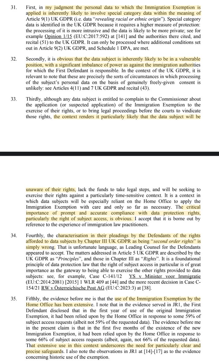 Very satisfying reading from the immigration exemption judgment.

The exemption:

1. Applies mainly to special category data
2. Applies against vulnerable people
3. Interferes with the right to complain to the ICO
4. Interferes with a "foundational" right
5. Is used excessively