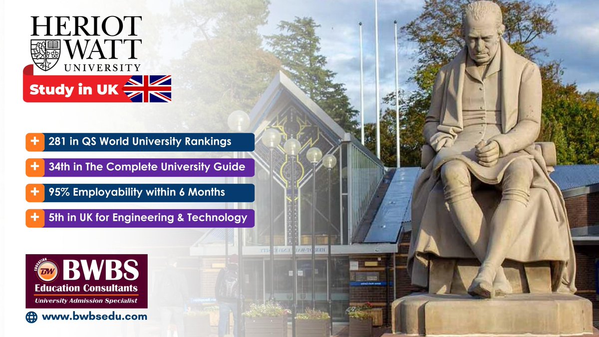 Heriot-Watt University ranked 281st in the world (QS World University Rankings 2023) and 34th in the UK (The Complete University Guide 2023). 

#bwbsedu #bwbseducationconsultants #studyinuk #HeriotWattUni #OneWatt  ..👇