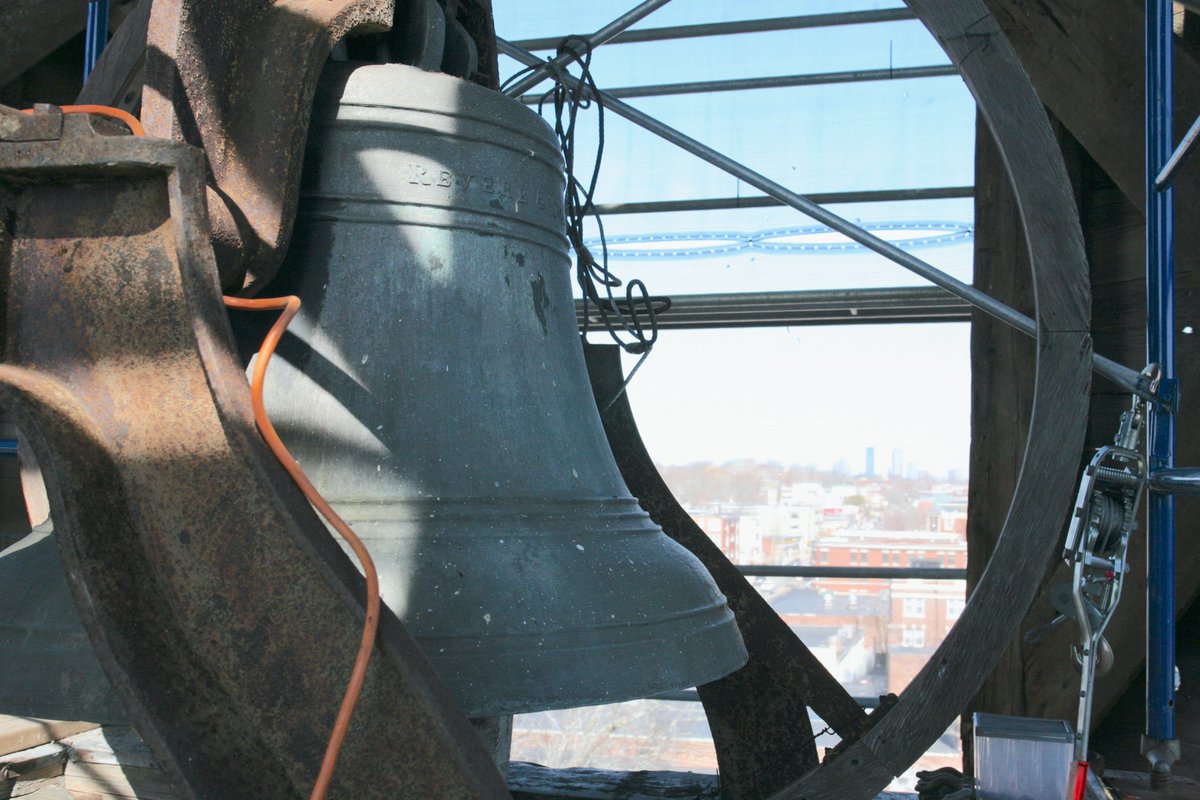 DotNews's tweet photo. For the first time since 1806, the dome of 2nd Church #Dorchester had to come down. Severe rot found during preservation repairs; it will be fixed. Along the way, we visited the 1816 Paul Revere &amp; Sons bell. #CodmanSquare @codmanacademy @BillWalczak @universalhub @DorchesterOld https://t.co/0GsmnHOe8K