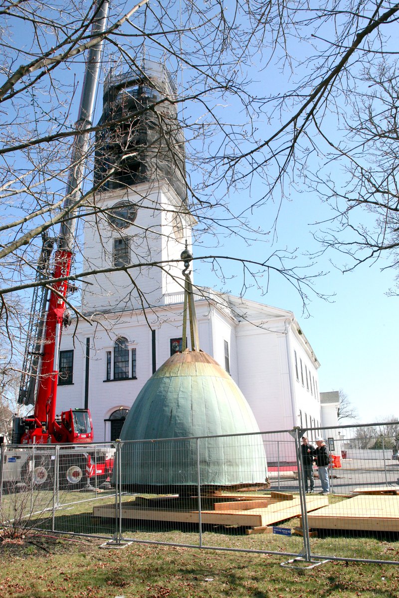 DotNews's tweet photo. For the first time since 1806, the dome of 2nd Church #Dorchester had to come down. Severe rot found during preservation repairs; it will be fixed. Along the way, we visited the 1816 Paul Revere &amp; Sons bell. #CodmanSquare @codmanacademy @BillWalczak @universalhub @DorchesterOld https://t.co/0GsmnHOe8K