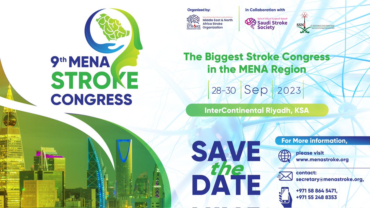 📢 The event of the year you all have been waiting for is coming this September in its 9th Edition, in KSA🇸🇦
🗓 Save the date for the biggest #strokecongress in the #MENA region, secure your seat &amp; submit your abstract now🔗bit.ly/3M1kyGZ
<a href="/ssni_social/">🇸🇦الجمعية السعودية للجراحات العصبية التداخلية</a>
#MENAstroke #stroke