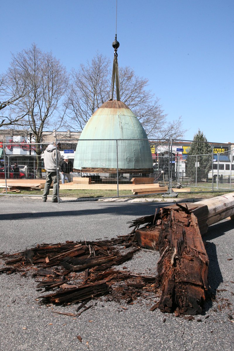 DotNews's tweet photo. For the first time since 1806, the dome of 2nd Church #Dorchester had to come down. Severe rot found during preservation repairs; it will be fixed. Along the way, we visited the 1816 Paul Revere &amp; Sons bell. #CodmanSquare @codmanacademy @BillWalczak @universalhub @DorchesterOld https://t.co/0GsmnHOe8K